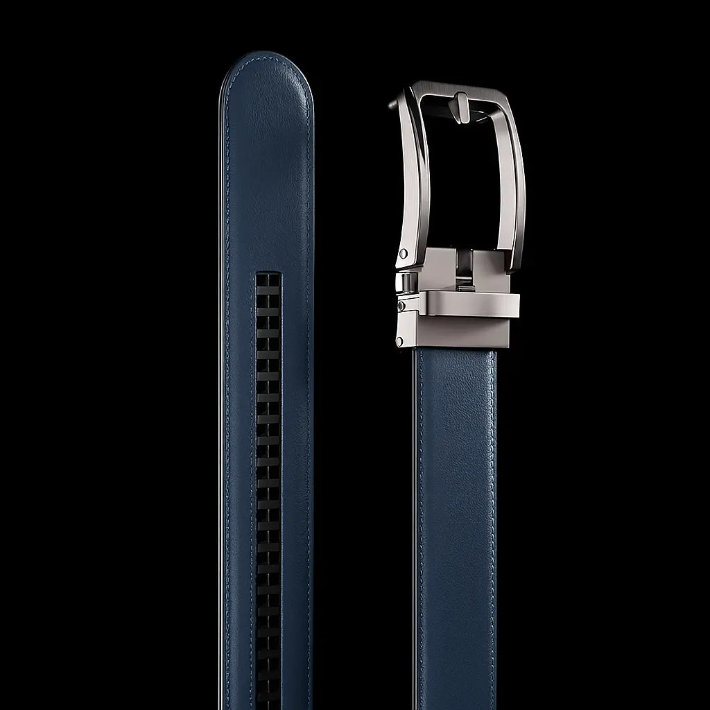Blauwe leren riem zonder gaatjes met automatische sluiting – modern design en maximaal comfort