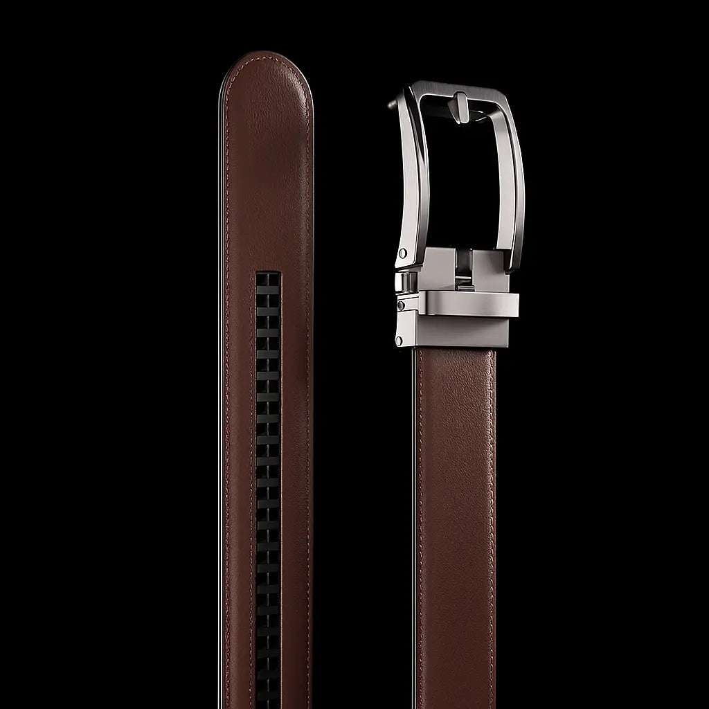 Donkerbruine leren riem zonder gaatjes met luxe automatische gesp – elegante en tijdloze uitstraling